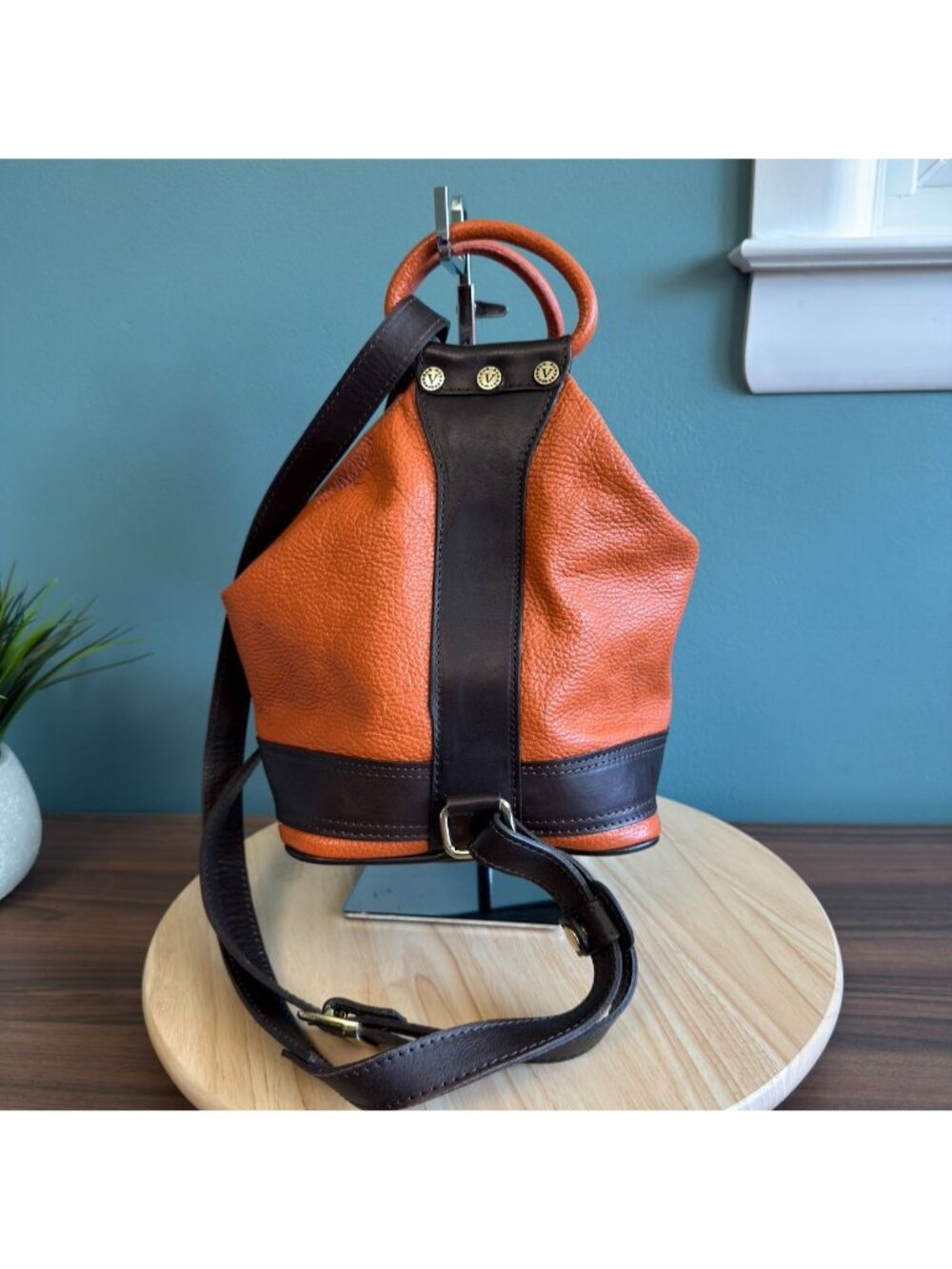 Valentina Italian Leather Shoulder Backpack Pebbled Orange Brown Many Pockets - Picture 6 of 16